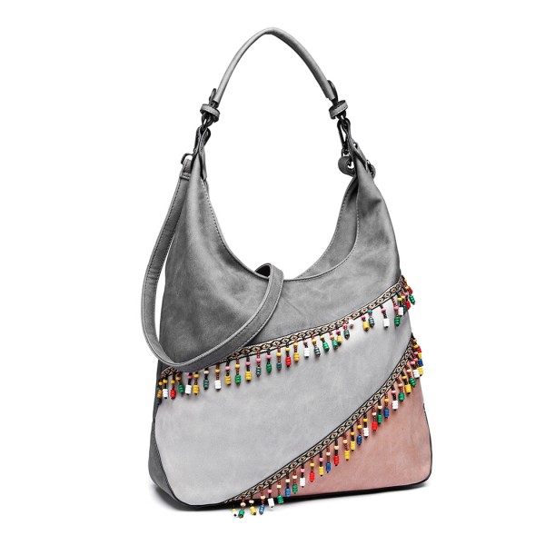 LH6810 - Miss Lulu Beaded Colour Block Hobo Shoulder Bag - Light Grey